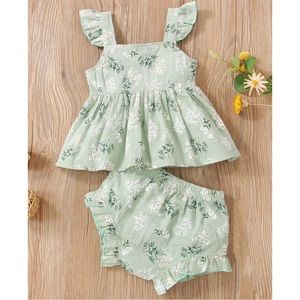 Plant Print Ruffle Trim Peplum Top & Shorts